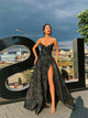 A Line Sleeveless Black Prom Dress with Sweep Train