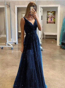 Navy BLue Sweep Train Prom Dresses