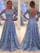 Blue Open Back Lace Long Sleeves Jewel Sweep Train Prom Dresses