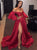 A Line Off the Shoulder Red Split Prom Dresses