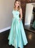 Square Neck A Line Mint Green Satin Prom Dress With Beaded Pockets LBQ3141