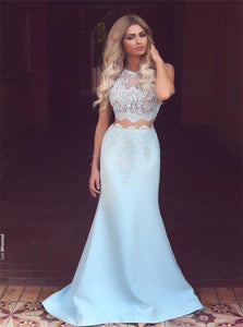 Two Pieces Light Blue Ball Gown Lace Prom Dresses
