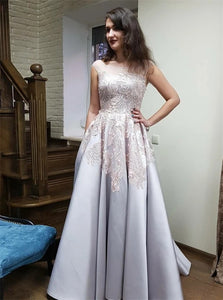 A Line Scoop Backless Appliques Satin Sweep Train Prom Dresses