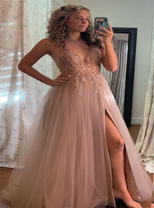 A Line V Neck Beadings Tulle Pink Prom Dresses with Slit 