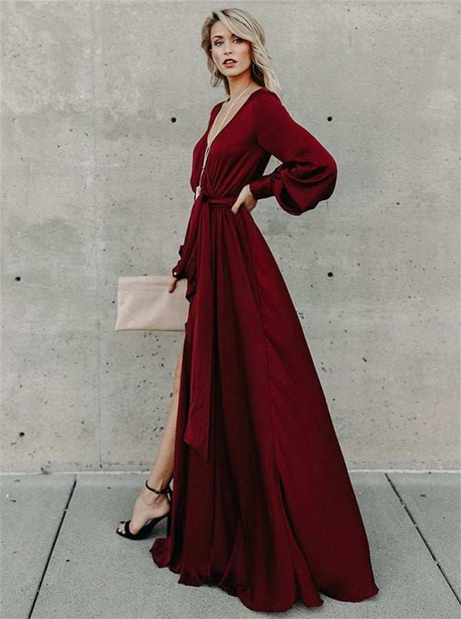 A Line V Neck Burgundy Long Sleeves Chiffon Prom Dress | Alinepromdress A Line V Neck Burgundy Long Sleeves Chiffon Prom Dress | Alinepromdress