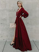 A Line V Neck Burgundy Long Sleeves Chiffon Prom Dresses 