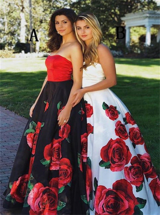 A Line Black And Red Flower Strapless Satin Prom Dresses | Alinepromdress A Line Black And Red Flower Strapless Satin Prom Dresses | Alinepromdress