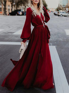 Long Sleeves V Neck Pleats Evening Dresses