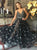 A Line Black V Neck Appliques Tulle Zipper Up Prom Dresses