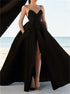A Line Black Satin Prom Dress With Slit LBQ0952