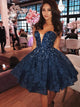 A Line Sleeveless Blue Lace Prom Dresses with Beadings