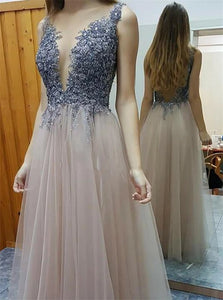 A Line Tulle Backless Appliques and Beadings Scoop Prom Dress LBQ0536