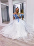 Ball Gown Off the Shoulder Tulle Print Blue and White Prom Dresses LBQ3249