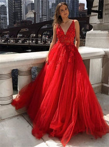 A Line V Neck Appliques Red Tulle Prom Dresses