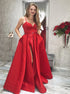 A Line Spaghetti Straps V Neck Belt Satin Prom Dress with Slit LBQ2516