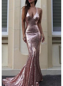 Pink Mermaid Sparkle V Neck Sequins Prom Dresses