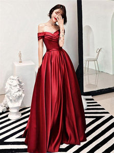 A Line Off the Shoulder Burgundy Satin Prom Dresses with Pockets