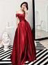 A Line Off the Shoulder Burgundy Satin Prom Dress with Pockets LBQ1682