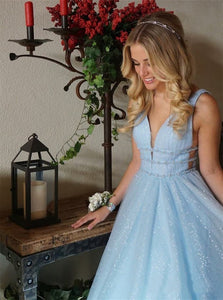 V Neck A Line Beaded Open Back Light Blue Tulle Prom Dresses