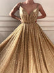 A Line Spaghetti Straps Sleeveless Gold Long Tulle Prom Dress LBQ2395