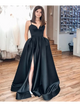 Black Spaghetti Straps Split Long Satin Prom Dresses 