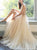 A Line V Neck Tulle Champgane Prom Dress with Beading