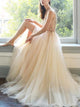 A Line V Neck Tulle Champgane Prom Dress with Beading