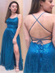 A Line Spaghetti Straps Lace Up Sequins Prom Dresses
