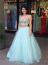 Mint A Line Two Piece Spaghetti Straps Tulle Prom Dress with Beading LBQ2536