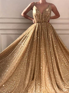 A Line Spaghetti Straps Sleeveless Gold Long Tulle Prom Dress LBQ2395