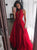 A Line Red Halter Open Back Satin Pleats Prom Dresses