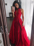 A Line Red Halter Open Back Satin Pleats Prom Dress LBQ2930