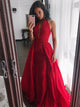 A Line Red Halter Open Back Satin Pleats Prom Dresses