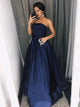 A Line Strapless Beadings Prom Dresses With Pockets 