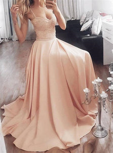 Sleeveless Sweep Train Satin Lace Prom Dresses