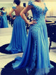 A Line V Neck Blue Chiffon Appliques Backless Prom Dresses