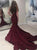 Burgundy Mermaid Lace Open Back Sweep Train Prom Dresses