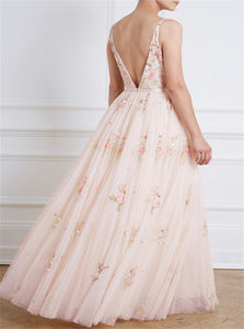 A Line V Neck Tulle Champagne Appliques Open Back Prom Dresses LBQ2987