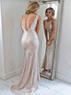 Open Back Pink Sheath Satin Prom Dresses 