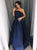 Sweep Train Sleeveless Navy Blue Satin Prom Dresses