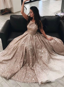 Scoop Ball Gown Champagne Sequins Tulle Prom Dresses
