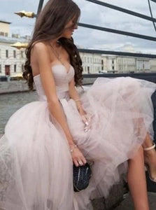 Strapless A Line Nude Pink Short Tulle Prom Dresses 