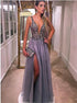A Line Deep V Neck Slit Leg Beaded Sexy Grey Tulle Prom Dress LBQ3094