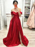 A Line Off Shoulder Red Satin Prom Dress with leg Slit LBQ2188