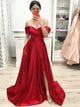 A Line Off Shoulder Red Satin Prom Dresses