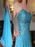 Strapless A Line Sequined Blue Chiffon Prom Dresses LBQ1733