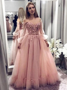 Ball Gown Pink Off The Shoulder Appliques Tulle Prom Dresses