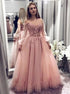 Ball Gown Pink Off The Shoulder Appliques Tulle Prom Dresses LBQ1848