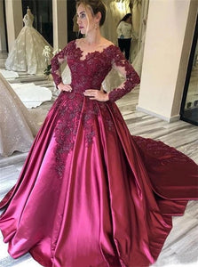 Ball Gown V Neck Long Sleeves Lace Applique Satin Prom Dresses