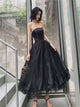 Black Tulle Strapless Satin Short Prom Dresses